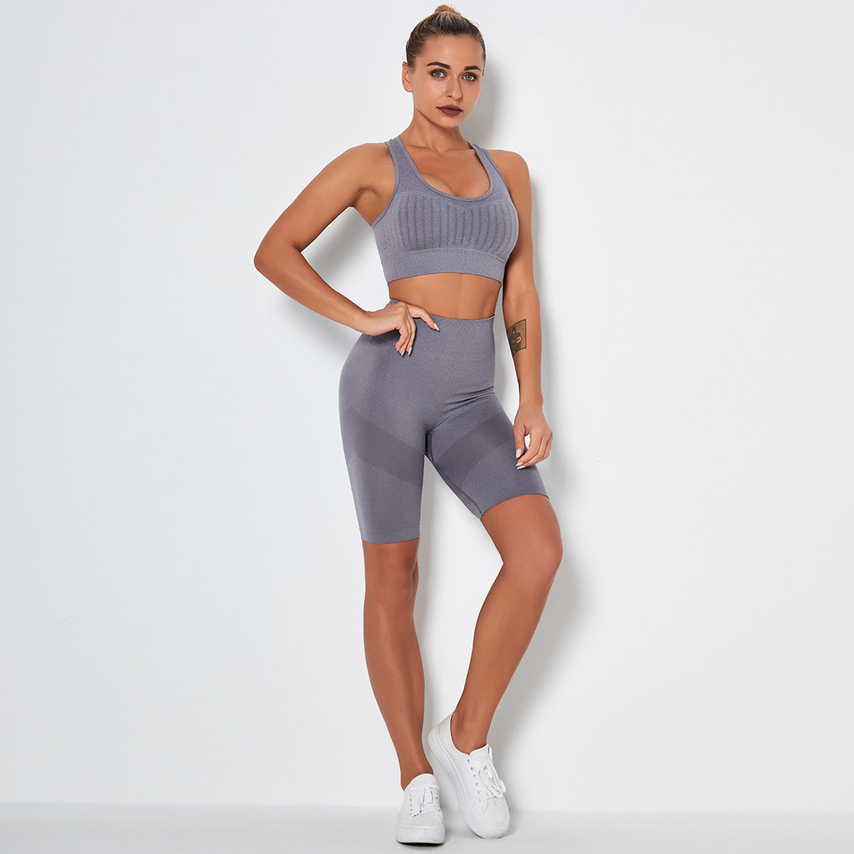 Seamless Knitted Sexy Breathable Shorts Bra Yoga Set
