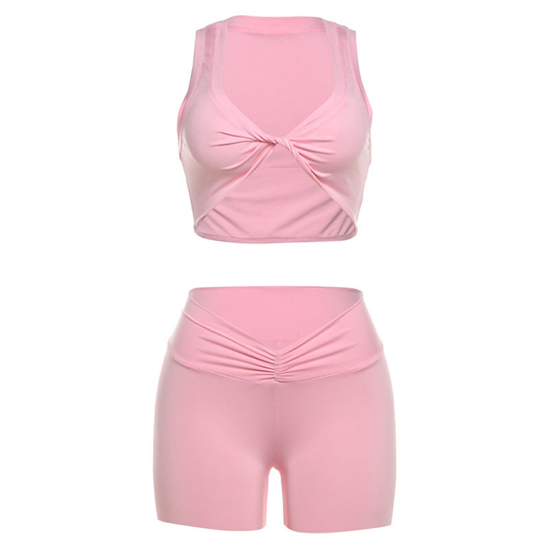 Deep V Navel Pleated Shorts Suit Women