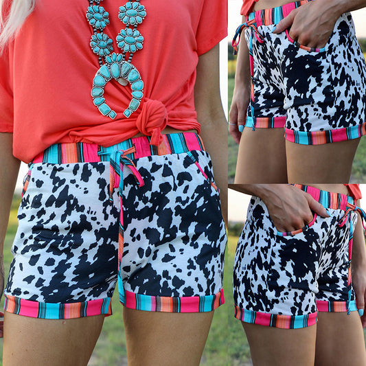 European And American Leopard Print Drawstring Casual Shorts Women